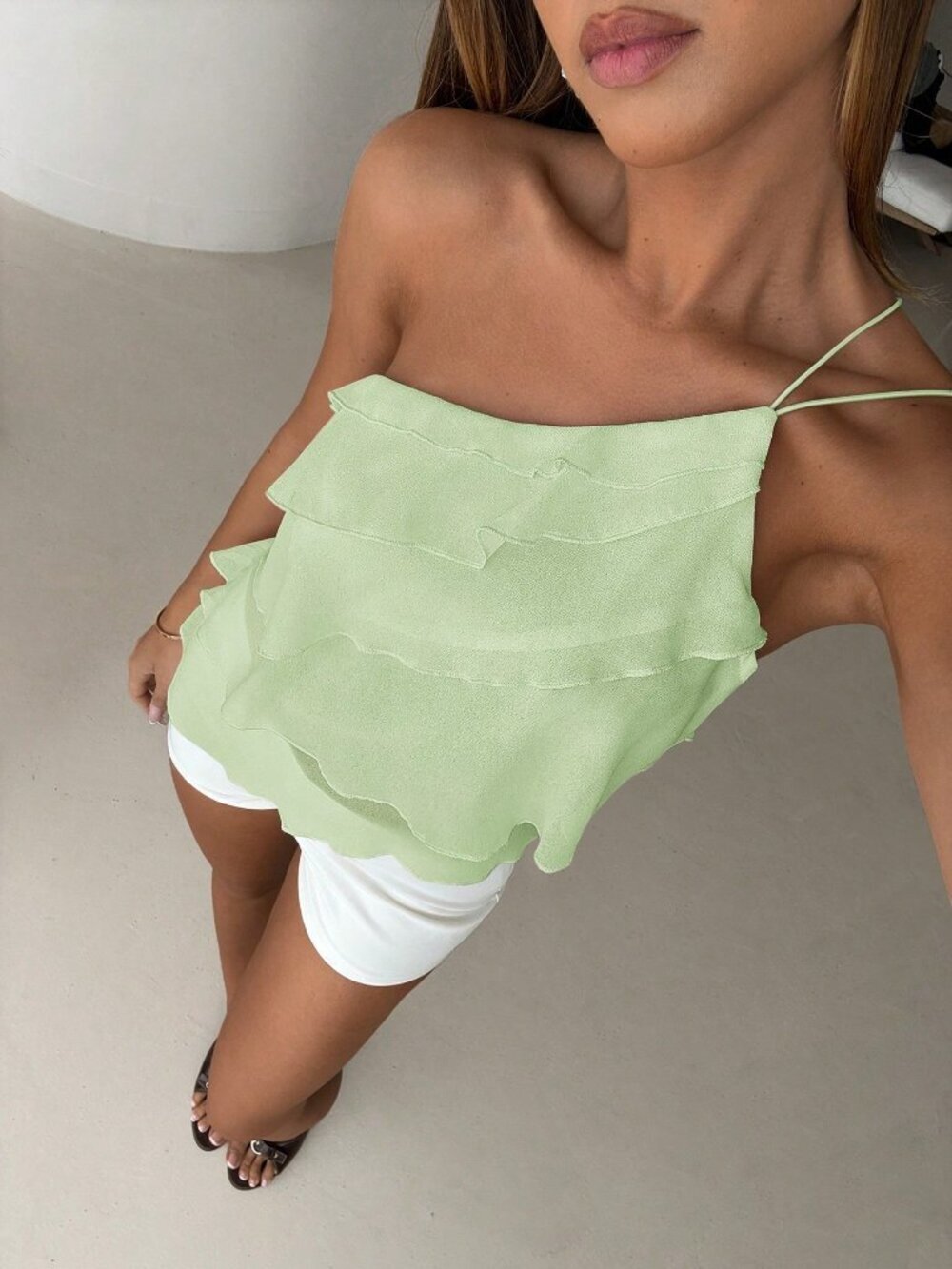 Green Casual Women's Ruffle Chiffon Blouse